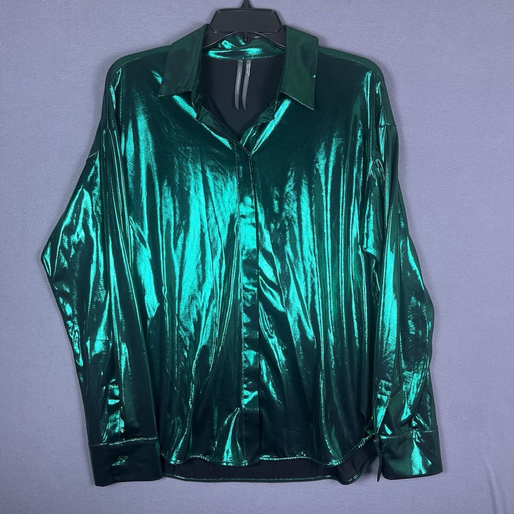 Anthropologie Metallic Emerald Satin Collared Button-Up Long Sleeve Blouse Sz L